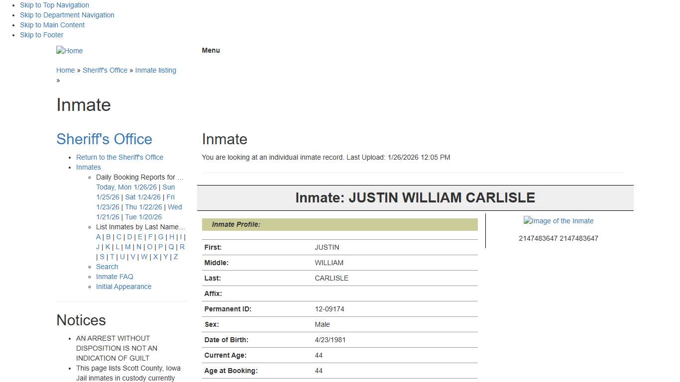 Inmate: JUSTIN WILLIAM CARLISLE